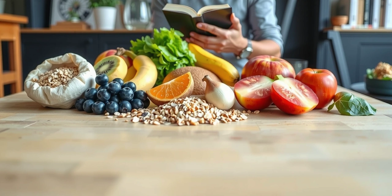 Zdrowa żywność, notatnik z poradami zdrowotnymi i osoba czytająca