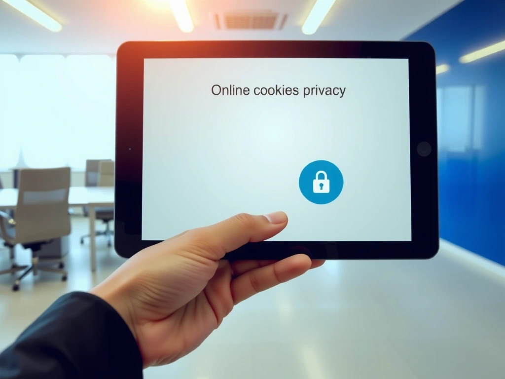 Ręka trzymająca tablet z ikoną ciasteczka na ekranie, symbolizującą pliki cookie i prywatność online.