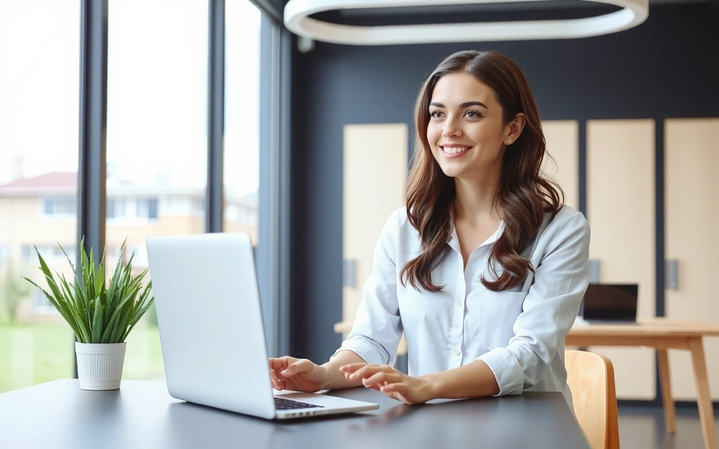 Uśmiechnięta dietetyczka rozmawiająca z klientem online, prezentująca profesjonalizm i empatię.