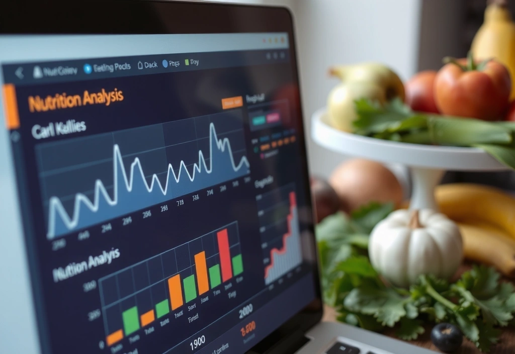 Detailní grafy a data na obrazovce počítače s jídlem v pozadí symbolizující analýzu jídelníčku