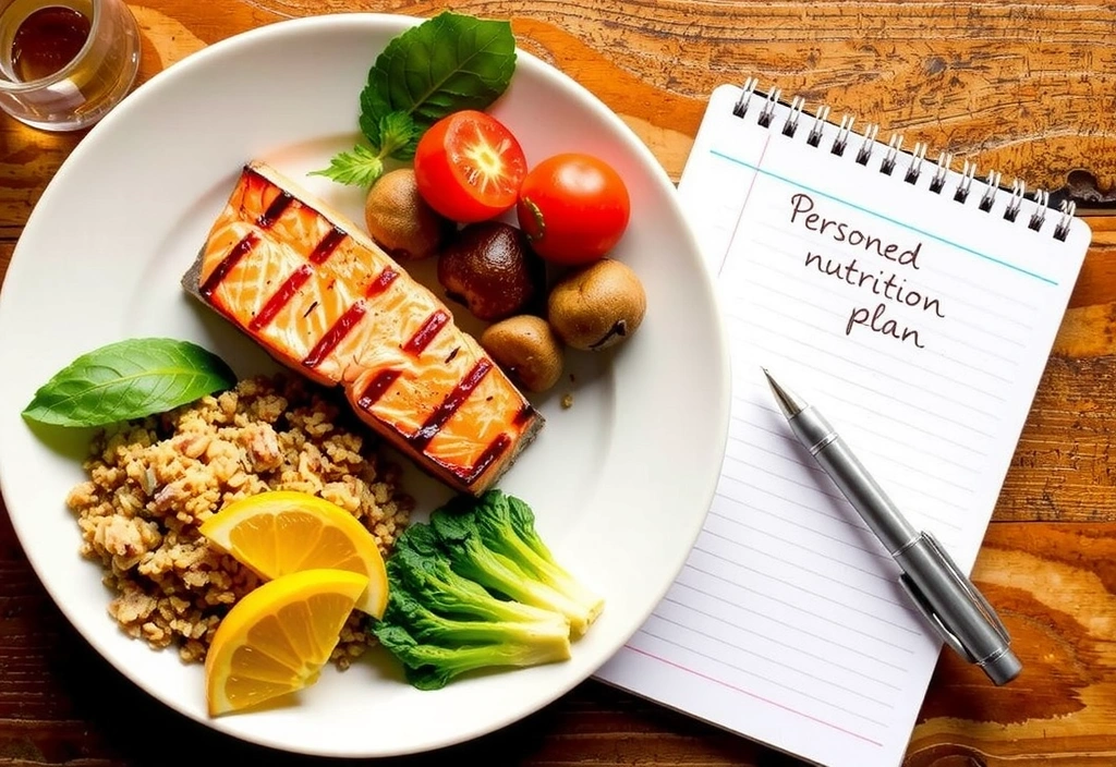 Pestré a zdravé jídlo na talíři s poznámkovým blokem a perem symbolizující výživový plán