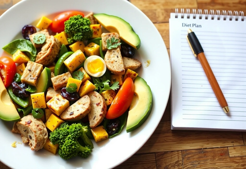 Zdjęcie przedstawiające zdrowy posiłek i notatki