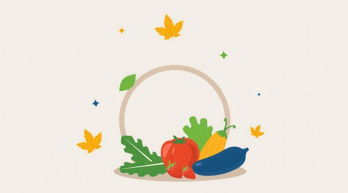 Ilustracja przedstawiająca symbol praw autorskich otoczony liśćmi i zdrową żywnością, symbolizujący ochronę treści związanych z dietetyką.