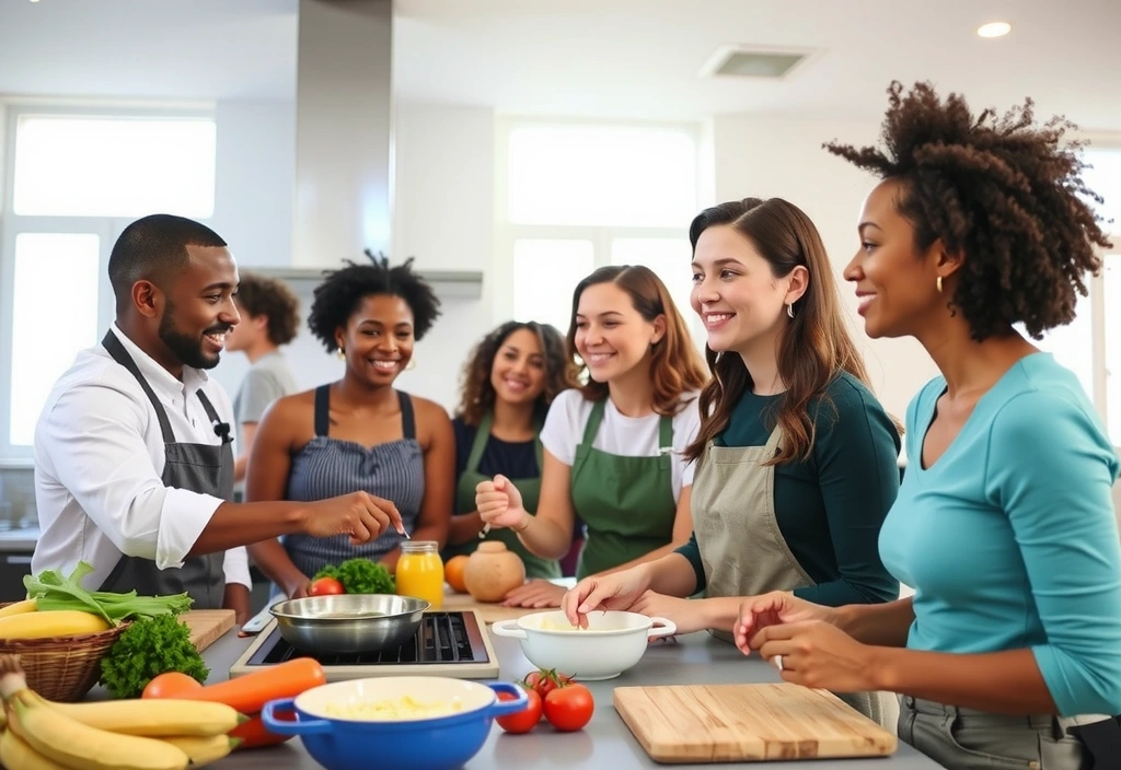 Grupa ludzi uczestnicząca w warsztatach kulinarnych, ucząca się o zdrowym odżywianiu.