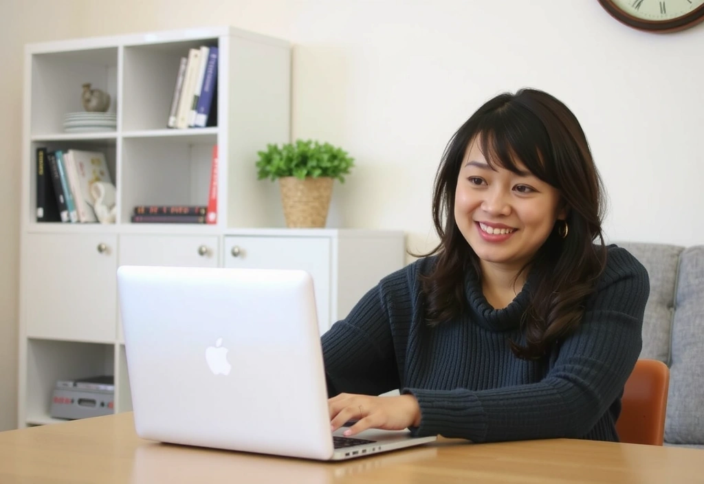 Kobieta rozmawia online z dietetykiem przez laptopa, uśmiechnięta i zadowolona.