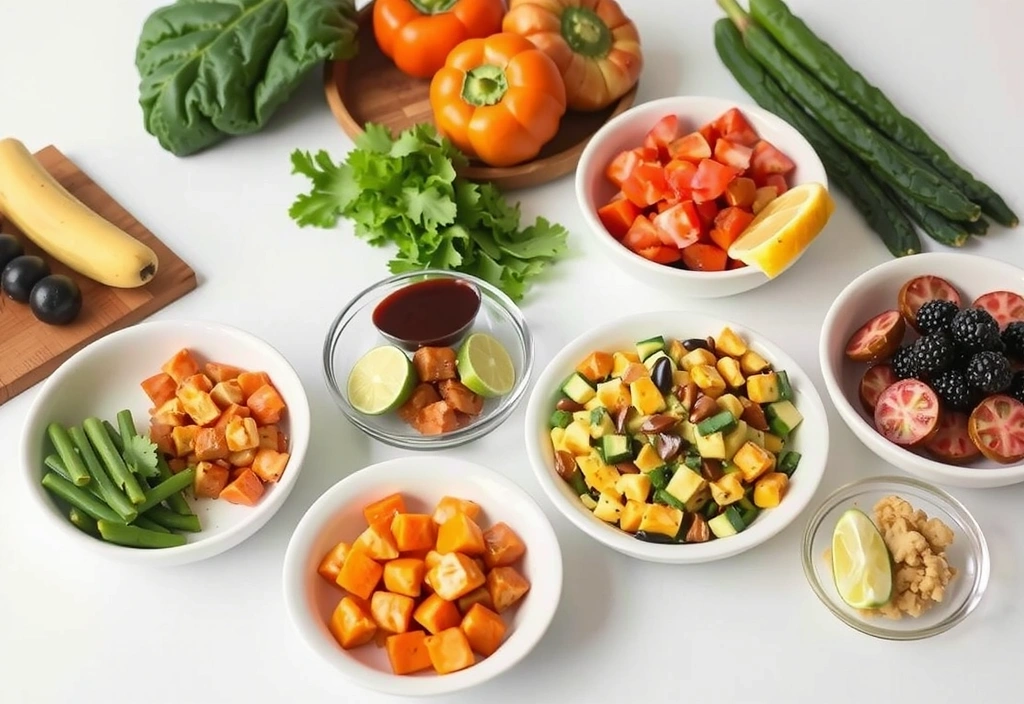 Kolorowe, zdrowe posiłki ułożone w tygodniowy plan żywieniowy, z listą zakupów w tle.