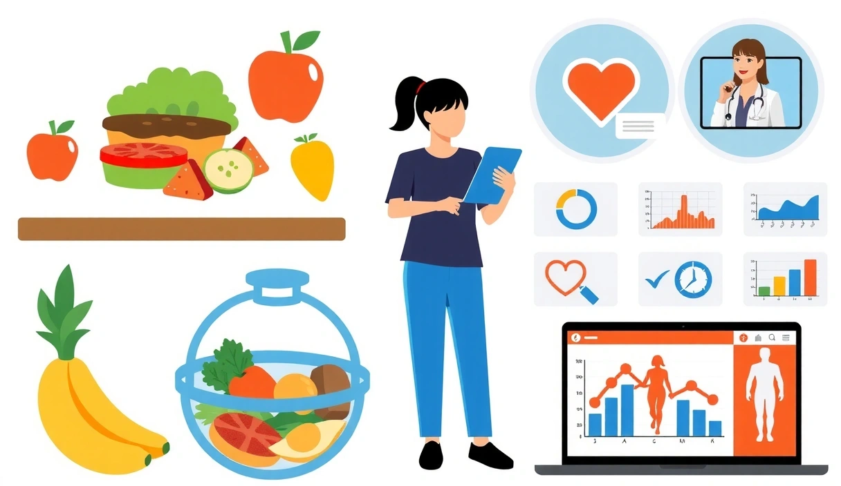 Różnorodne aspekty usług żywieniowych: zbilansowany posiłek, konsultacja online, wskaźniki zdrowia.
